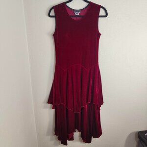 Vintage 90s Deep Red Velvet Tiered Gothic Asymmetrical Layered Midi Dress Small